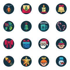 Christmas and New Year elements collection flat icons set, Colorful symbols pack contains - garlag light, invitation, candle, snowman, santa, xmas tree, gift. Vector illustration. Flat style design