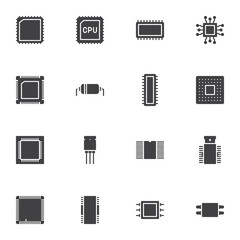 CPU microchip vector icons set, modern solid symbol collection, filled style pictogram pack. Signs, logo illustration. Set includes icons as computer processor, circuit board, microcircuit chip