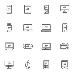 Device screen line icons set, outline vector symbol collection, linear style pictogram pack. Signs, logo illustration. Set includes icons as pc monitor, laptop, smartphone display, tablet, smartwatch