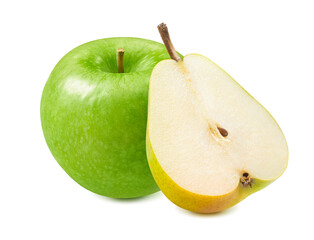 Green apple and pear isolated on white background