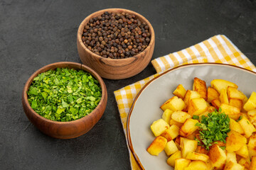front view tasty fried potatoes inside plate with seasonings on dark background color cuisine food