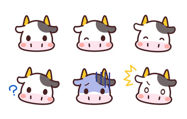 牛のかわいいキャラクター　顔アイコンセット