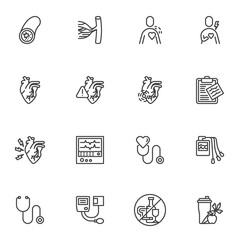 Heart disease line icons set, outline vector symbol collection, linear style pictogram pack. Signs, logo illustration. Set includes icons as medical diagnostic, ecg monitor, heartbeat cardiogram