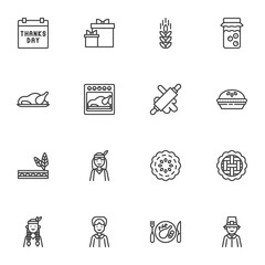 Thanksgiving day line icons set, outline vector symbol collection, linear style pictogram pack. Signs, logo illustration. Set includes icons as thanksgiving day calendar, gift box, turkey, apple pie