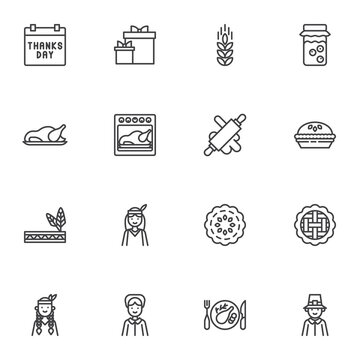 Thanksgiving day line icons set, outline vector symbol collection, linear style pictogram pack. Signs, logo illustration. Set includes icons as thanksgiving day calendar, gift box, turkey, apple pie