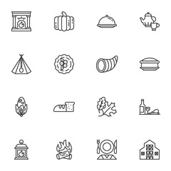 Thanksgiving day holiday line icons set, outline vector symbol collection, linear style pictogram pack. Signs, logo illustration. Set includes icons as pumpkin, diner food, berry pie, autumn leaves