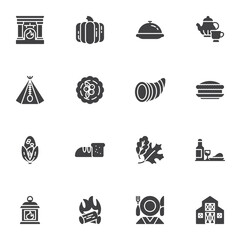 Naklejka premium Thanksgiving day holiday vector icons set, modern solid symbol collection, filled style pictogram pack. Signs, logo illustration. Set includes icons as pumpkin, diner food, berry pie, autumn leaves