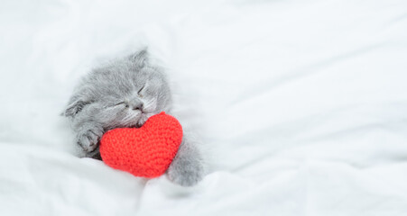 Sleepy kitten sleeps with red heart on a bed under blanket. Valentines day concept. Top down view....