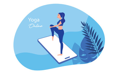 Fototapeta na wymiar Yoga online concept, woman doing yoga exercises at home with online class instructor vector illustration
