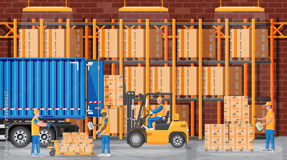 Poster warehouse shelves with goods, mover and container package boxes. pile cardboard boxes set. carton de