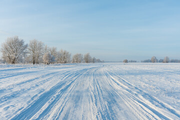 Fototapeta na wymiar Snow covered winter field with trees and road going through to the horizon. Winter landscape. Beautiful winter nature. 