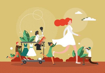 Fashion show concept vector illustration. Female model walks on a stage in white dress. Fashion show backstage work. Celebrity walking on a runway