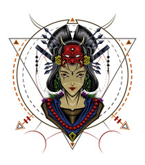 skull head with geisha illustration on sacred background