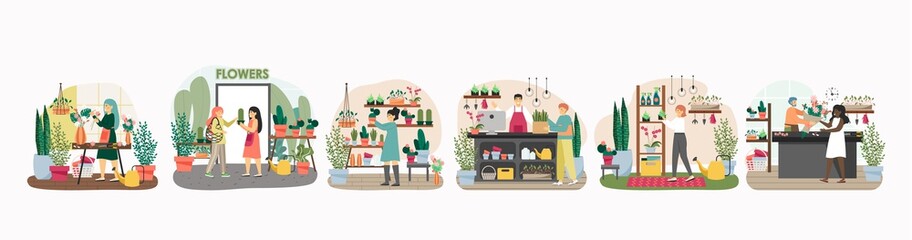 Flowers shop concept vector illustration. Female florist makes flower bouquet for customer. Woman buys house plants in flower store - obrazy, fototapety, plakaty