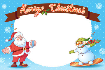 Christmas poster for congratulations or invitation with cartoon Santa and Snowman characters on blue background.