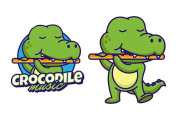 Crocodile music mascot logo design isolated background, crocodile playing flute