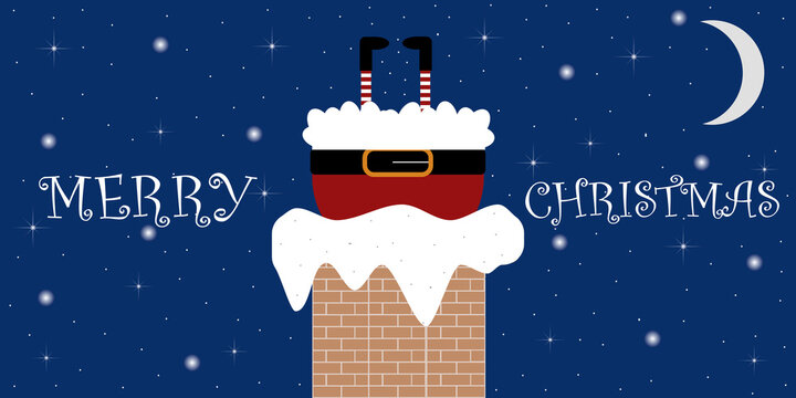 Santa Claus is stuck on the roof in the chimney. Merry Christmas illustration. Festive background with moon and shining stars. Vector illustration.