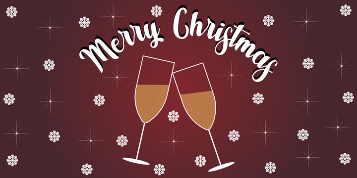Christmas mood with a glass of champagne. Festive dinner on a red background with snowflakes and stars. Vector illustration.