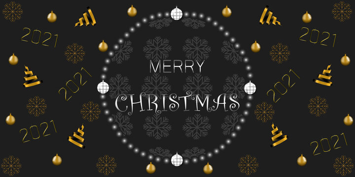 Christmas 2021 gold and silver logo on black background. Elegant design of a holiday poster, banner for parties or sales. Vector illustration.