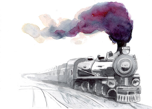 Watercolor hand drawn locomotive, train with big clouds of smoke, an aerial perspective. Raster stock illustration isolated on white background.