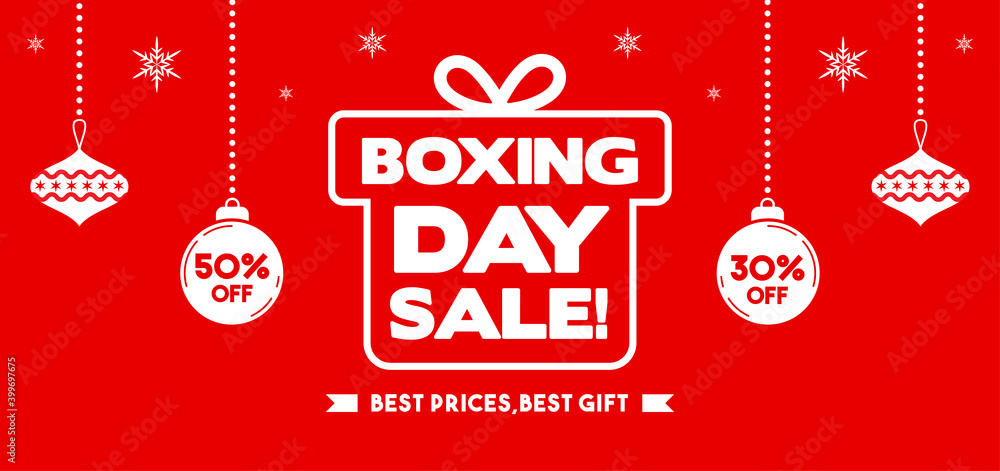 Wall mural boxing day sale banner vector illustration. surprise present box with christmas ornaments hanging on