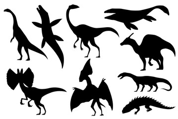 Dinosaur silhouettes set. Dino monsters icons. Prehistoric reptile monsters.  illustration isolated on white