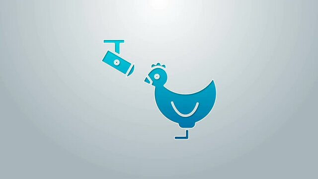 Blue line Chicken farm and wireless Controlling CCTV security camera icon isolated on grey background. 4K Video motion graphic animation