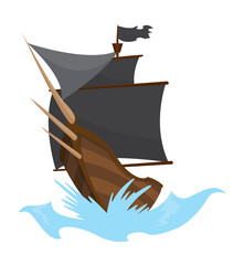 Stylized cartoon pirate ship illustration with black sails. Cute  drawing. Pirate Ship sailing on water