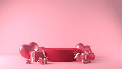 pink podium in valentines background with decorations - obrazy, fototapety, plakaty