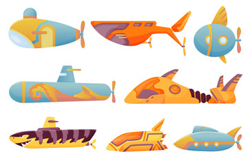 Collection submarines undersea. Cute cartoon yellow submarines. Bathyscaphe underwater ships. Diving exploring at the bottom of sea. Child game illustrations
