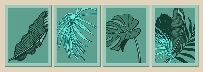 Set of backgrounds with green exotic tropic leaves. Wall art brochure, card design. Monstera, banana palm leaves.