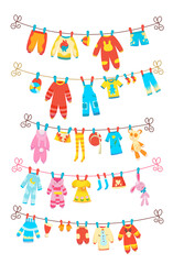 Various items of baby clothes on rope isolated illustration on white background. Laundry held by plastic pegs drying.