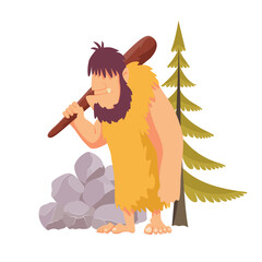 Stone age primitive man in animal hide pelt with big wooden club. Flat style illustration isolated on white background.