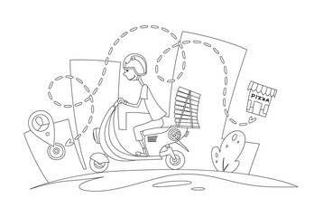 Delivery, the guy on the moped is carrying pizza coloring book. Characters. Pizza delivery concept flat design illustration.