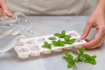 Heart shaped ice molds and fresh green mint leaves close up on light marble background. Drinks with frozen mint leaves recipe