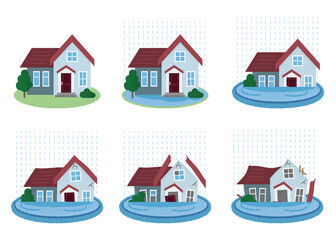 水害に遭う住宅のベクターイラストセット