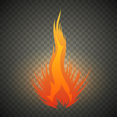 Realistic fire flames isolated on transparent background. Special burning light effect with sparks for design and decoration. Illustration.