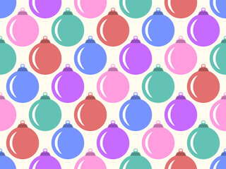 Christmas Balls seamless pattern. Christmas ornaments for greeting cards, wrapping paper, banners and posters. Xmas greeting card design template. Winter holiday. Vector illustration