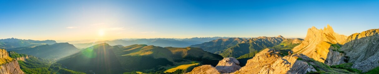 Beautiful sunset view of Seceda peak.Trentino Alto Adige, Dolomites Alps, South Tyrol, Italy. Odle mountain range, Val Gardena. Majestic Furchetta peak. Odles group seen from Seceda