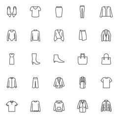 Woman clothes and accessories line icons set. linear style symbols collection, outline signs pack. vector graphics. Set includes icons as handbag, shoes, pants, coat, sweater, jacket, dress, skirt