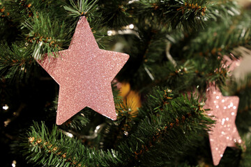 Christmas stars on a fir branches. New Year tree with decorations