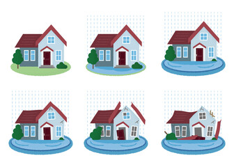 水害に遭う住宅のベクターイラストセット