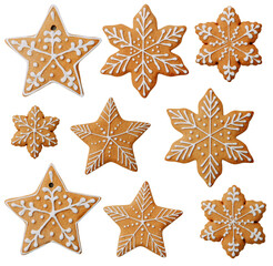 Star-shaped cookies with a pattern, isolated. Set of ginger cookies snowflakes on a white background.