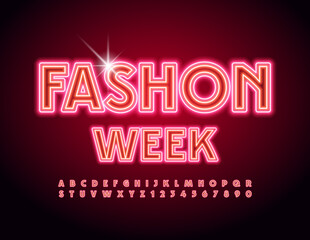 Vector event flyer Fashion Week. Red Neon Font. Illuminated light Alphabet Letters and Numbers set