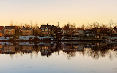 Umea, Norrland Sweden - November 27, 2020: parts of the Teg and Umea river district at sunset