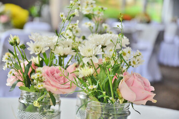 Beautiful colorful spring floral, delicate bouquet of pink roses, chrysanthemums flowers