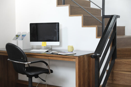 Background Image Of Empty Home Office Space In The House And Blur Focus. Concept Of Work For Home And Social Distancing