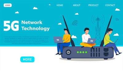 5g internet concept. A group of tiny young people are sitting on a giant router and working on laptops. Flat cartoon vector illustration. Website, web page, landing page template or layout.