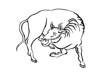 北斎の牛模写・塗り絵
