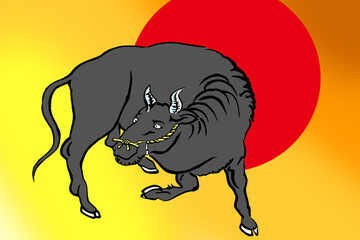 丑年、牛と日の出 Japanese new year art